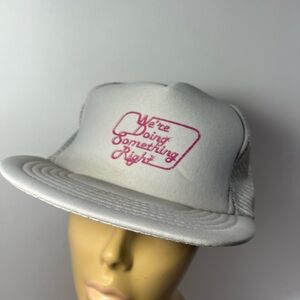 Vintage Trucker Cap Hat Mesh SnapBack Pink Retro Font On Gray 1980’s